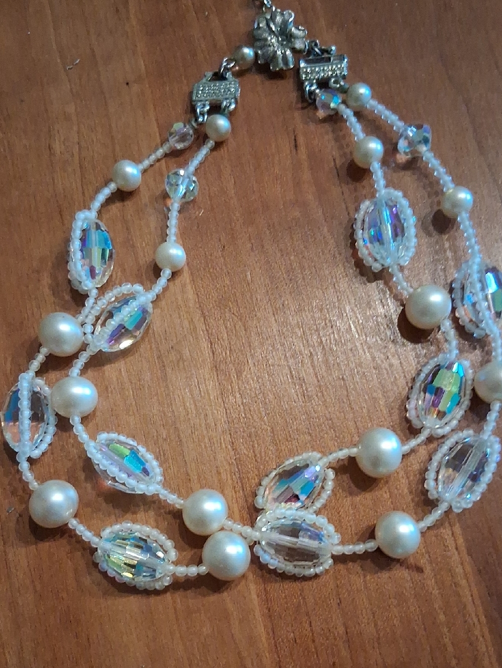 Vintage Marvella Faux Pearl Aurora Borealis Crystal Two Strand Necklace